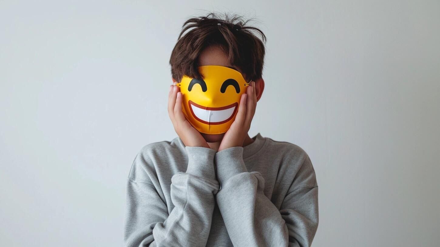 Infante escondiendo su rostro detrás de una máscara de emoji sonriente, representando la ocultación de sus emociones reales. La imagen destaca la importancia de prestar atención a la salud mental infantil y los desafíos que enfrentan niños y adolescentes en su desarrollo emocional y psicológico. (Imagen ilustrativa Infobae)