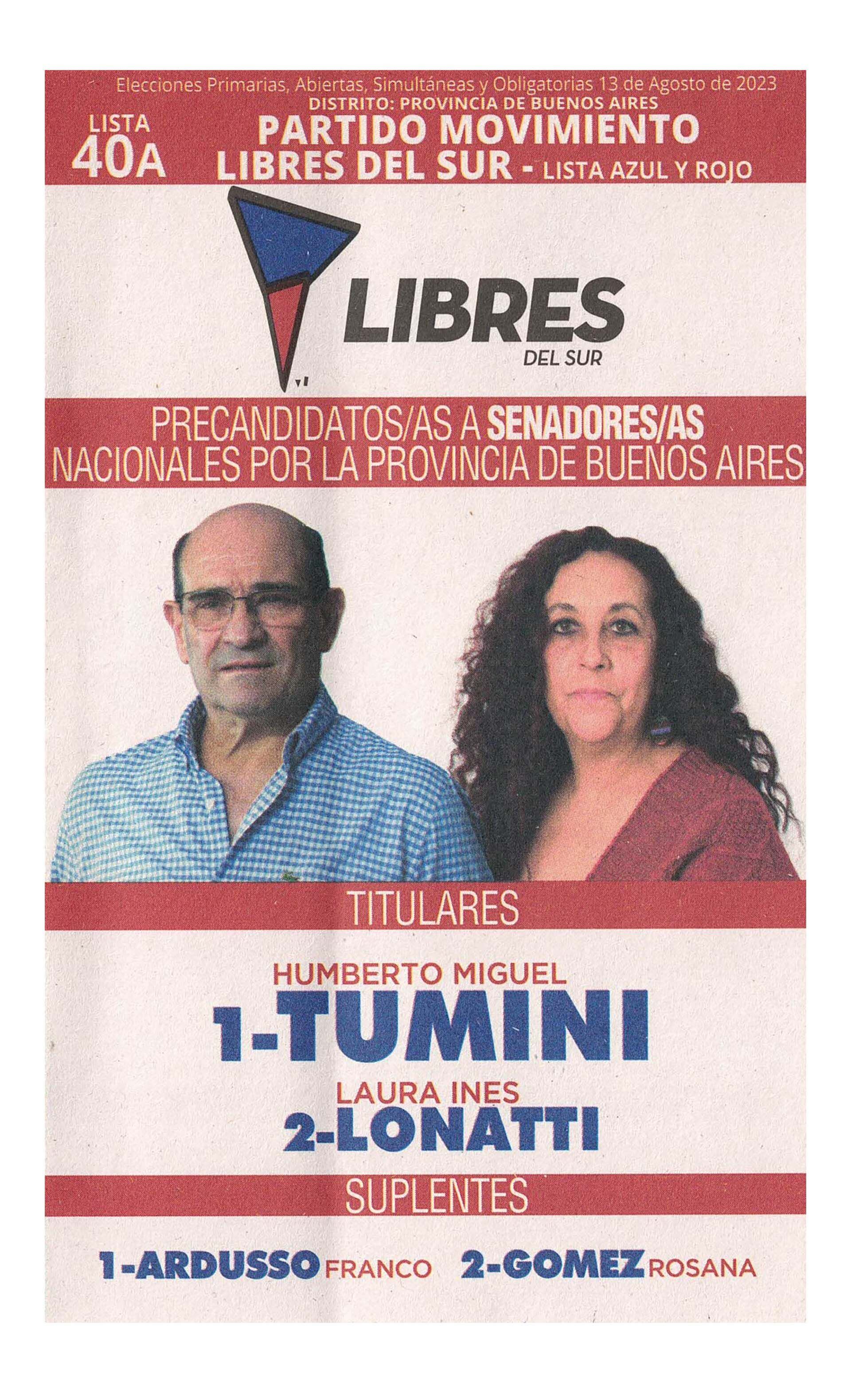 La boleta oficial de Libres del Sur de precandidatos a senadores nacionales de Buenos Aires