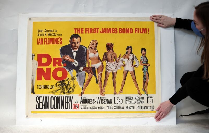 A poster for the film 'Dr No' (1962) made by British Quad and illustrated by Mitchell Hooks for the first James Bond film starring Sean Connery (Reuters/Hannah McKay) 