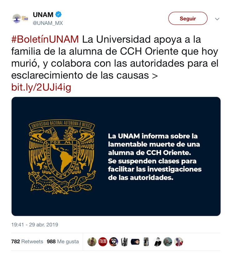 La UNAM lamentó el hecho y anunció las investigaciones pertinentes (Foto: Twitter @UNAM_MX)