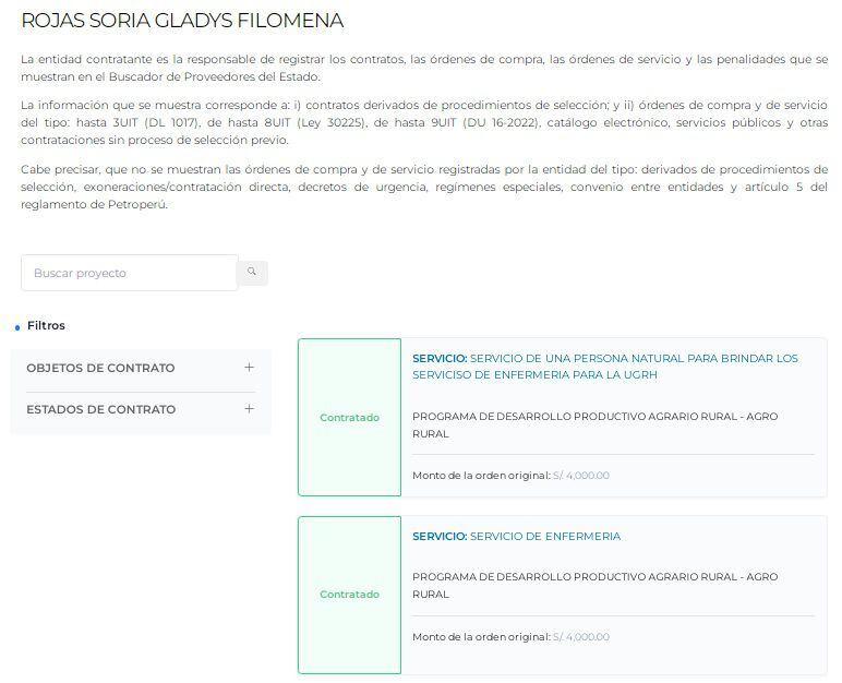 Gladys Rojas Soria visitó varias veces a Dina Boluarte. Tras estas, logró dos contratos con Agrorural a pesar de tener sólo estudios técnicos en enfermería.