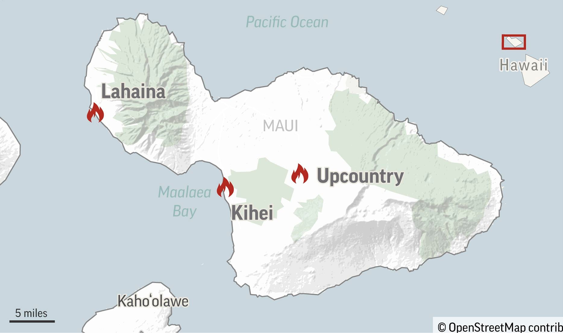 El mapa muestra los focos de incendio más graves en la isla de Maui, Hawaii (AP)