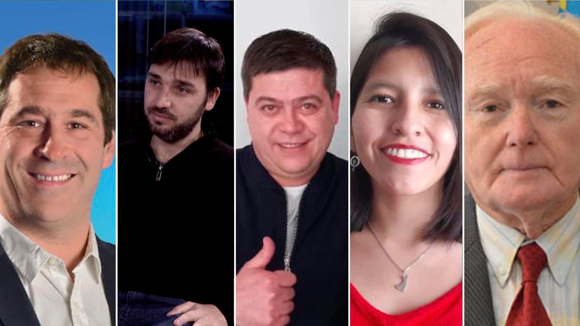 Los candidatos a gobernador en las elecciones en Chubut: Juan Pablo Luque, Ignacio Torres, César Treffinger, Emilse Saavedra, Oscar Petersen.