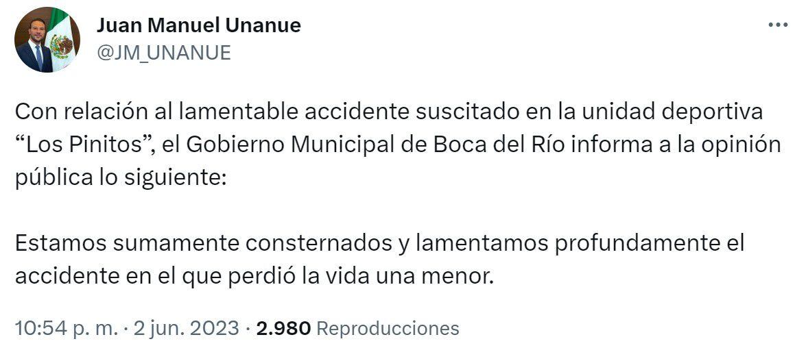 Juan Manuel Unanue, gobernador de Boca del Río, emitió un comunicado respecto al lamentable suceso. [Captura de pantalla]