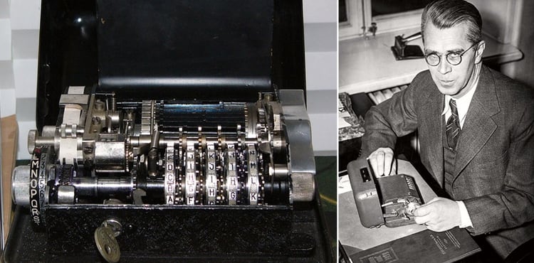 Boris Hagelin, fundador de Crypto en la Segunda Guerra Mundial, y una de sus máquinas para criptógrafos. (Wikipedia)