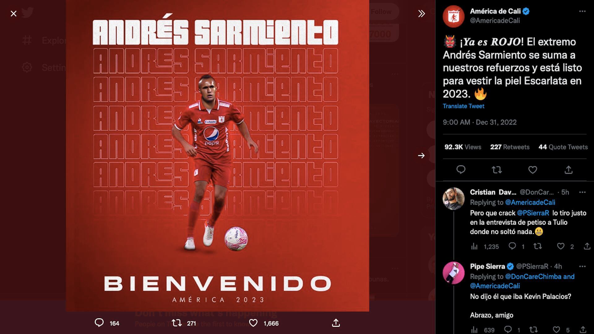 América de Cali ficha a Andrés Sarmiento para afrontar la temporada 2023 del fútbol profesional colombiano / (Twitter: @AmericadeCali)