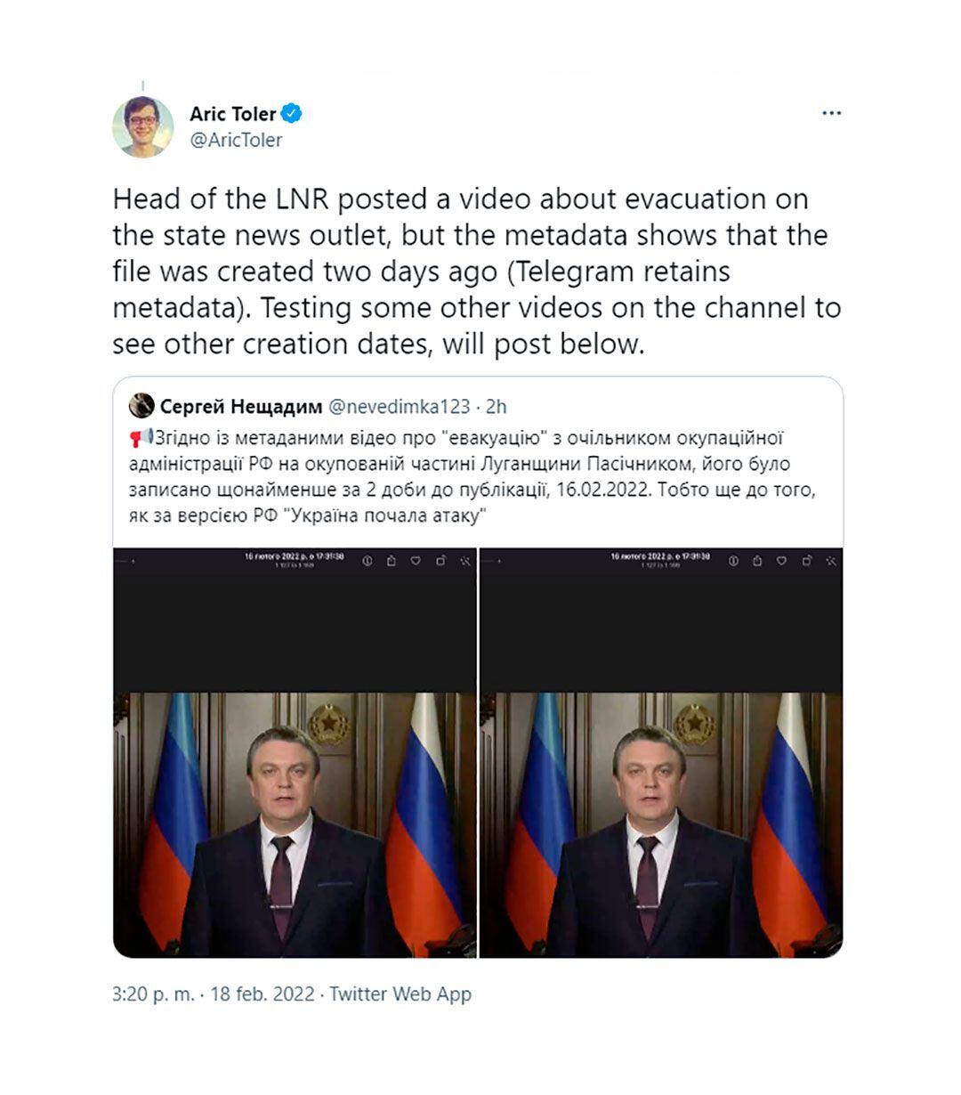 El tuit del analista e investigador Aric Toler sobre los metadatos del video del líder prorruso