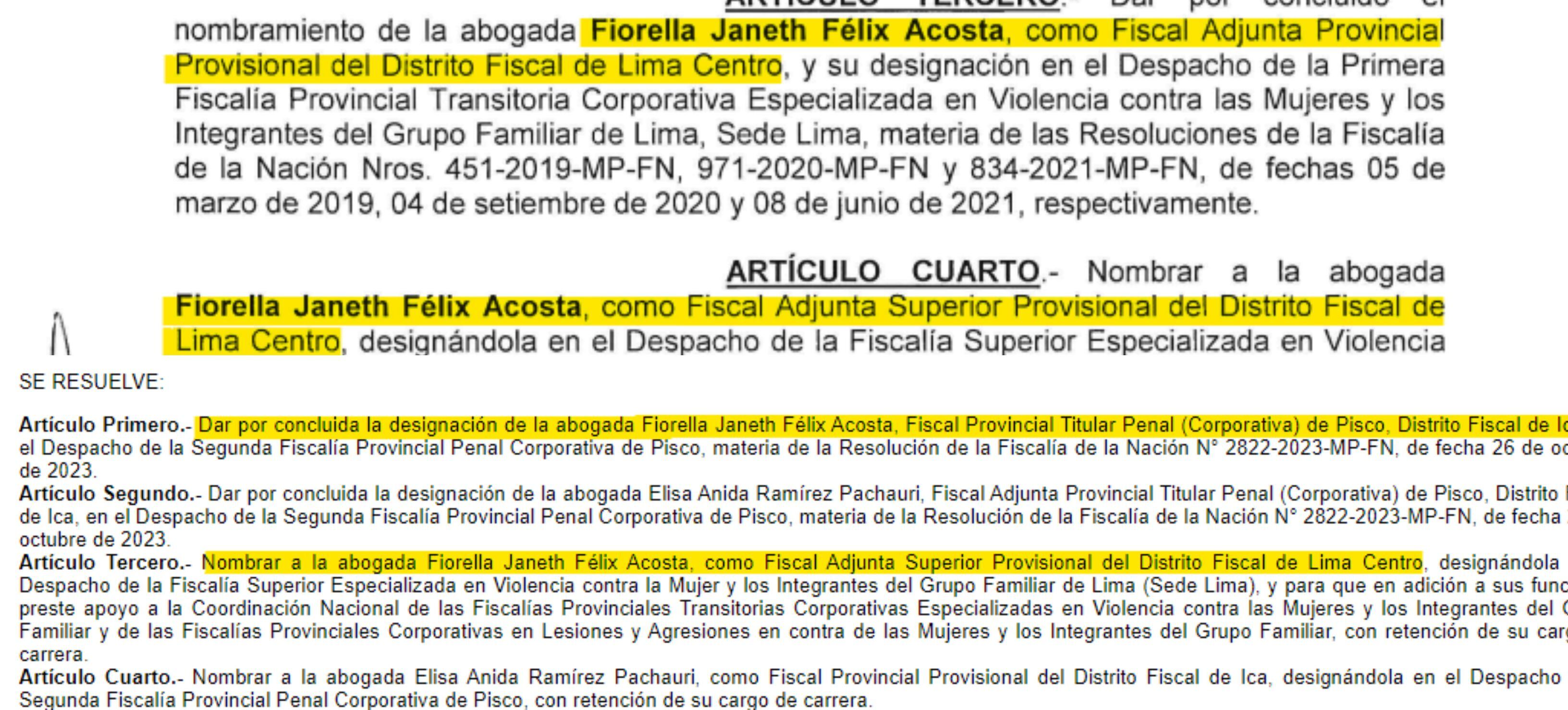 Designaciones de Félix Acosta. Arriba, la primera en julio del 2022; abajo, la segunda, en octubre de este año 2023. Ojo Público.