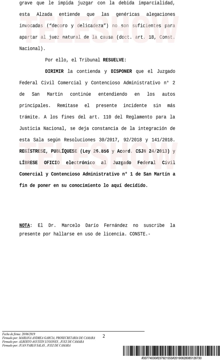 Segunda parte de la resolución de la Cámara Federal de San Martín