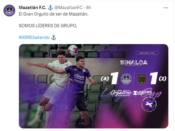 Los "Cañoneros" se quedaron con el primer lugar del grupo 1 del sector Sur

Foto: Twitter/Mazatlán FC