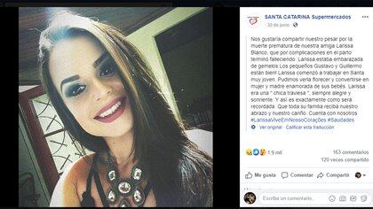 Larissa vivía en Macatuba y trabajaba hace años en el Supermercado “Santa Catarina” que, en cuanto tomó conocimiento de su fallecimiento, le dedicó un posteo en redes sociales (Foto/Facebook).