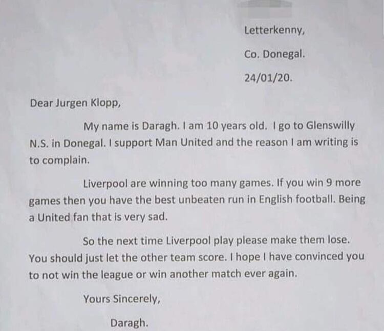 La carta de un niño de 10 años fanático del Manchester United a Jürgen Klopp