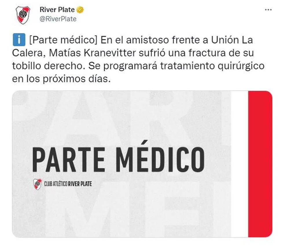 River Plate confirmó que Matías Kranevitter sufrió una fractura en el tobillo derecho