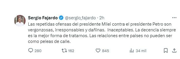 Trino del senador Sergio Fajardo contra los insultos de Milei a Petro. (Crédito: @sergio_fajardo / X)