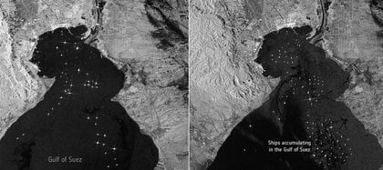 El enorme buque portacontenedores Ever Given, encajado en el Canal de Suez de Egipto, y el resto de los buques esperando su liberación pueden verse en unas imágenes capturadas por la misión Copernicus Sentinel-1 de la ESA