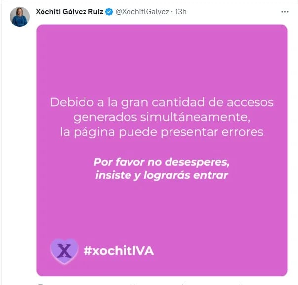 La página de Xóchitl Gálvez presentó fallas para ingresar. |Captura de pantalla en Twitter
