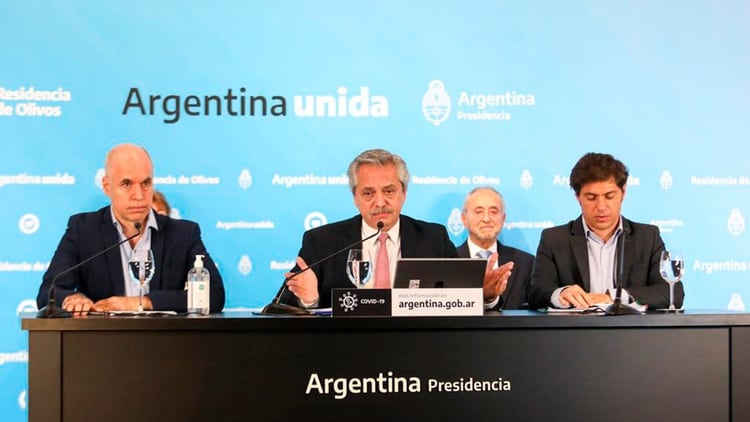 Alberto Fernández, Horacio Rodríguez Larreta y Axel Kicillof, en la conferencia de hace una semana