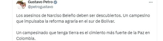 Gustavo Petro pidió descubrir a los asesinos de Narciso Beleño - crédito captura de pantalla