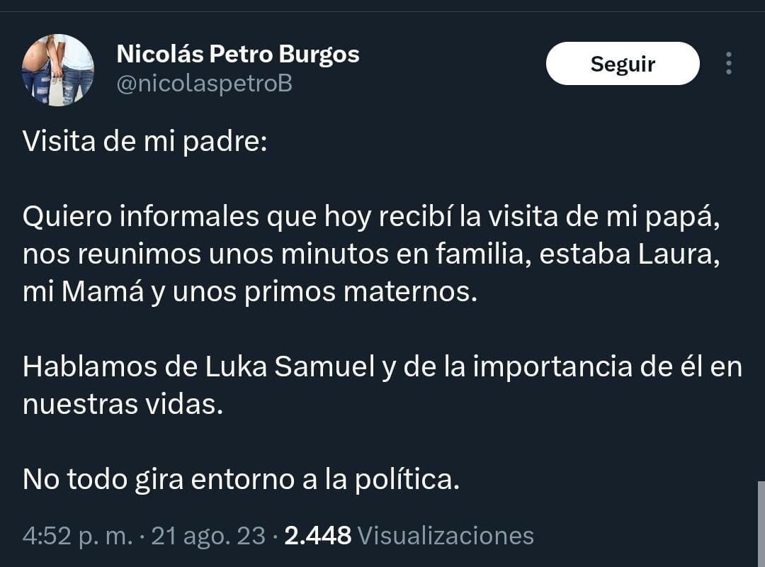 El investigado por enriquecimiento ilícito y lavado de activos dio a conocer los motivos reales de la visita de su padre en Barranquilla.
Foto: X (Twitter): @nicolaspetroB