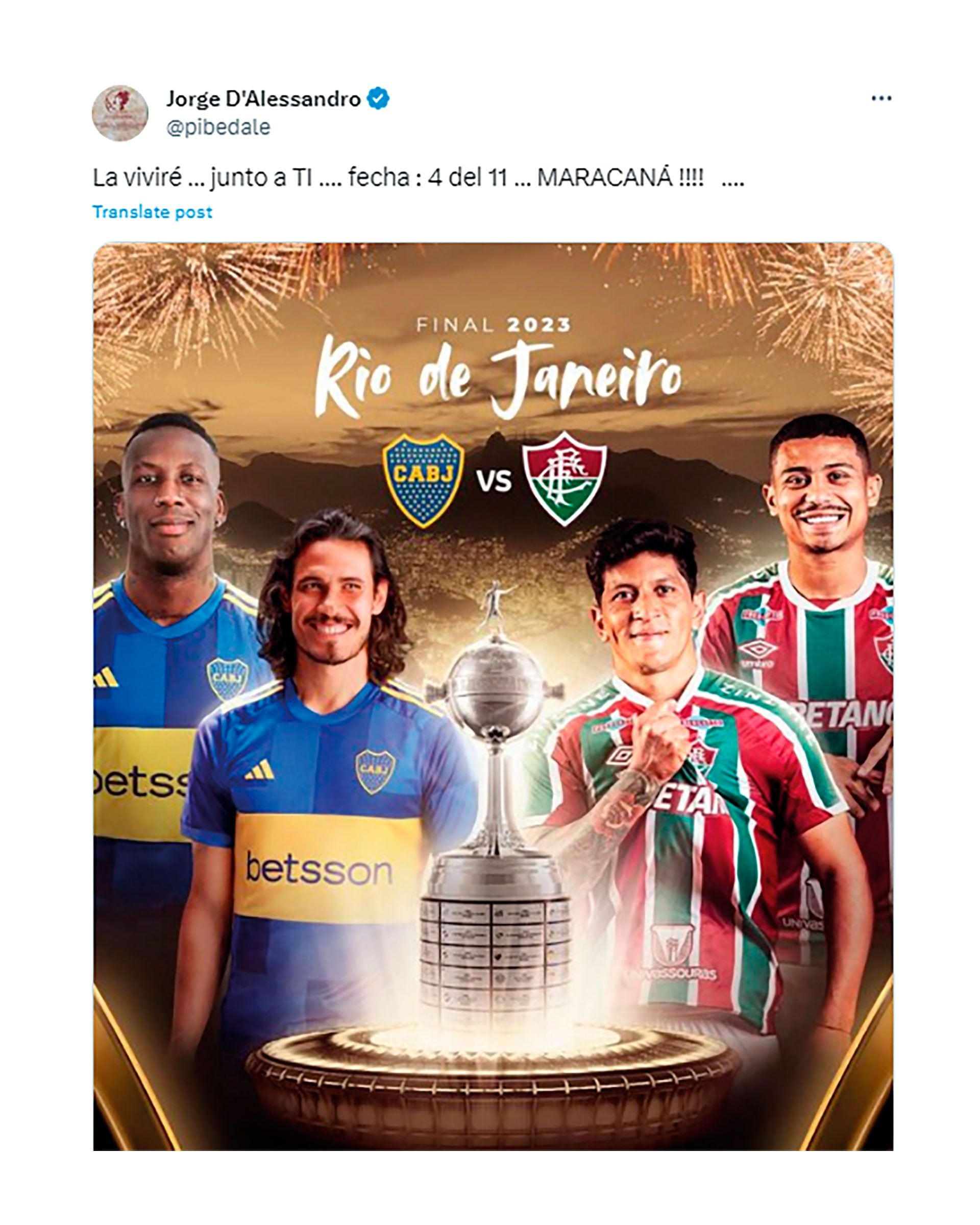 Jorge D'Alessandro avisó que estará en la final de la Copa Libertadores (@pibedale)