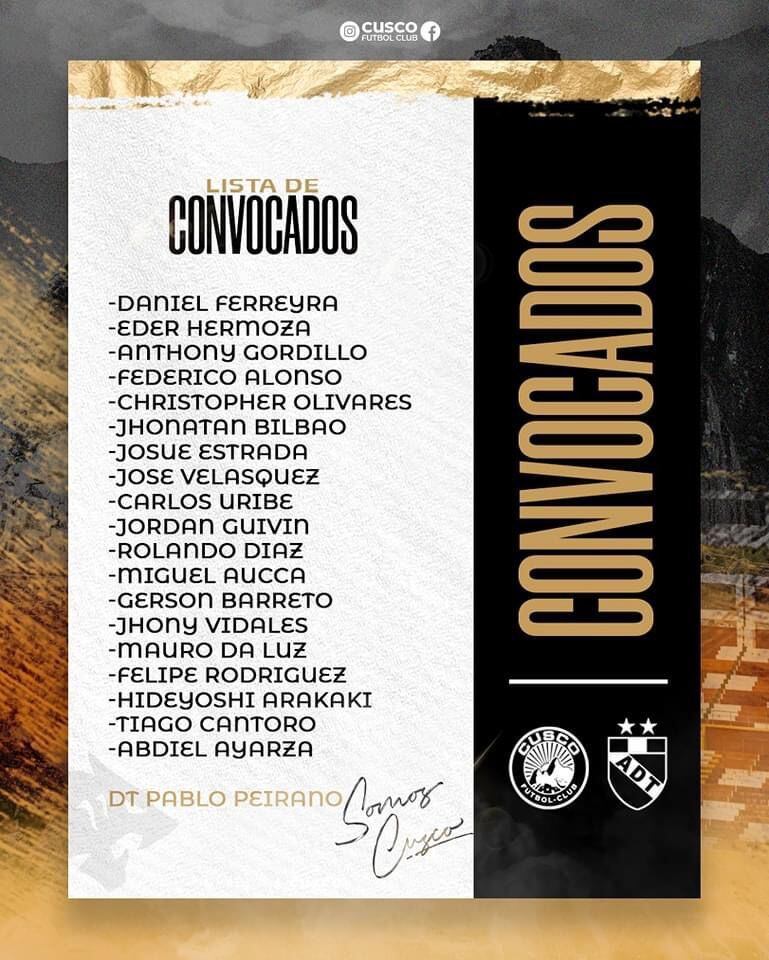 La lista de convocados de Cusco FC para enfrentar a ADT.