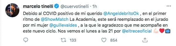 Desde su cuenta de Twitter Marcelo Tinelli anunció el reemplazo de Ángel de Brito (Foto: @cuervotinelli)