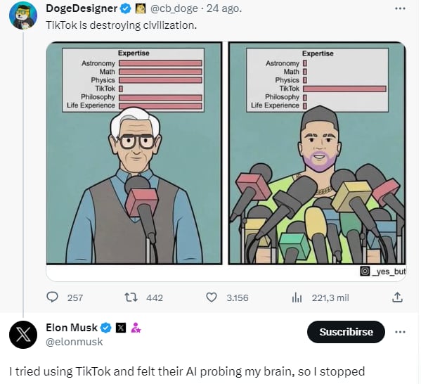 El dueño de X cree que TikTok entraba en su cerebro.