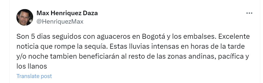 Max Henríquez Daza informó que se esperan lluvias fuertes en los próximos cinco días - crédito @HenriquezMax/X