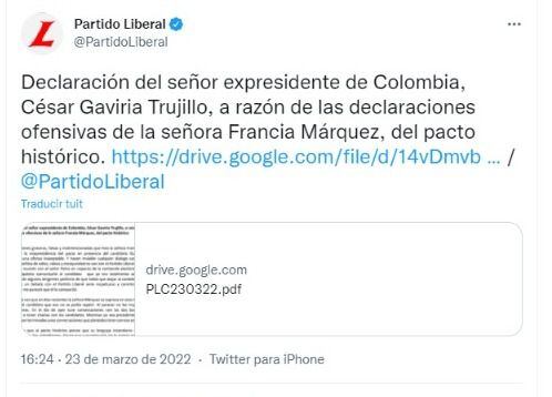 This was shared by the Liberal Party in its networks. Photo: Twitter @PartidoLiberal