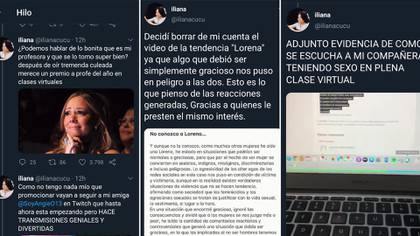 Trinos compartidos por @ilianacucu que viralizaron el video de Lorena y desataron la polémica en redes.