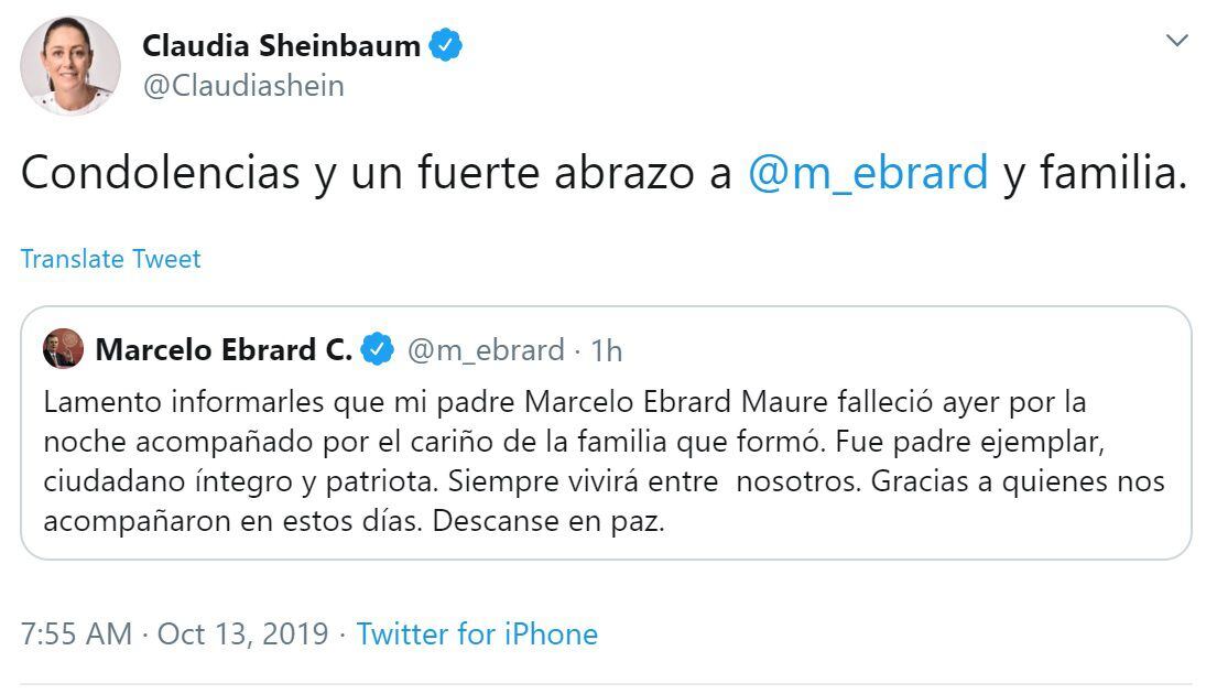 La jefa de gobierno, Claudia Sheinbaum, publicó un tuit en el que envía condolencias a Ebrard (Foto: Twitter)