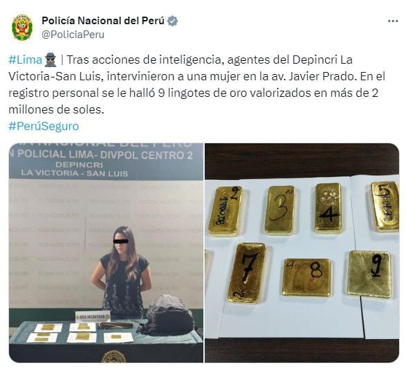 La Victoria: PNP detiene a mujer que trasladaba barras de lingote de oro valorizadas en más de 2 millones de soles de forma clandestina - Infobae