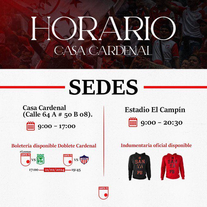 Los hinchas de Independiente Santa Fe y Junior de Barranquilla pueden comprar boletas el día de partido - crédito Santa Fe Oficial