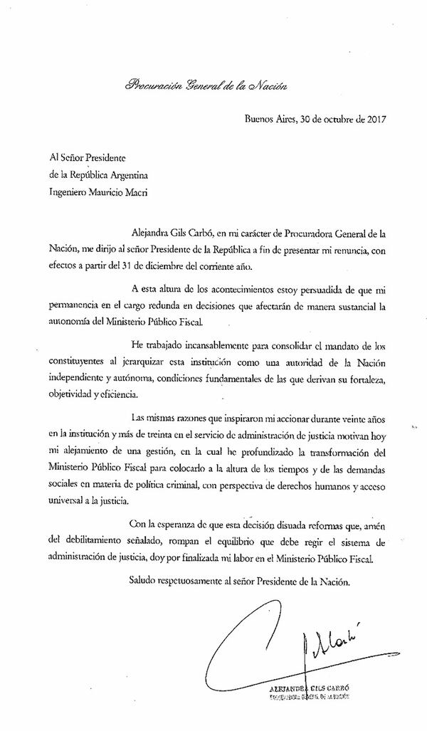 La carta de renuncia de Alejandra Gils Carb
