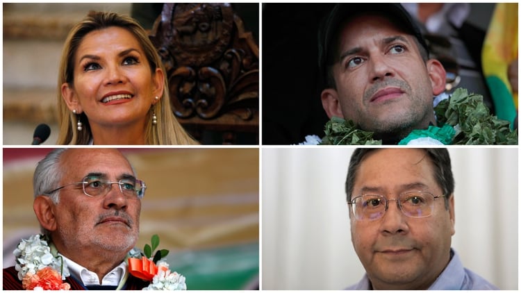 Los candidatos Jeanine Áñez, que lidera la alianza Juntos, Luis Fernando Camacho, líder del conglomerado Creemos, Carlos Mesa, de Comunicad Ciudadana, y Luis Arce, candidato del MAS (AP)