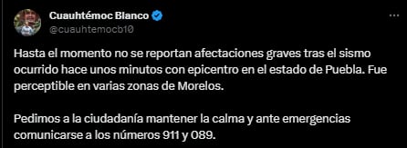El gobernador de Morelos informó que en su entidad no se registraron afectaciones (X/@cuauhtemocb10)