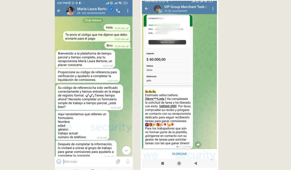 Los estafadores continúan la conversación por Telegram. (ESET)