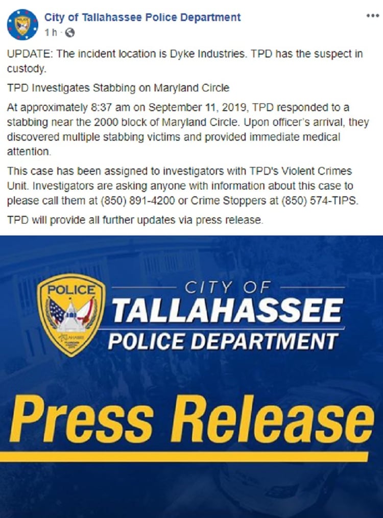 El Departamento de PolicÃ­a de la ciudad acudiÃ³ a la escena y hallÃ³ âmÃºltiples personas apuÃ±aladasâ, segÃºn figura en el informe (Foto: Facebook City of Tallahassee Police Department)