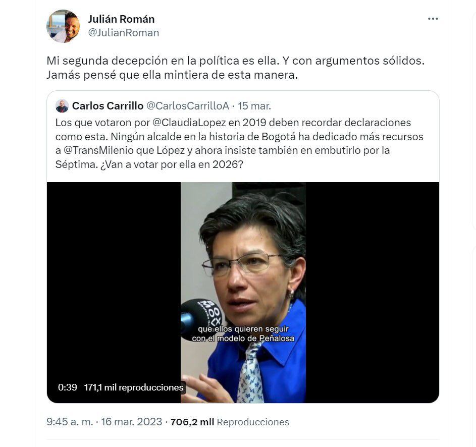 Julián Román sobre Claudia López. Twitter.
