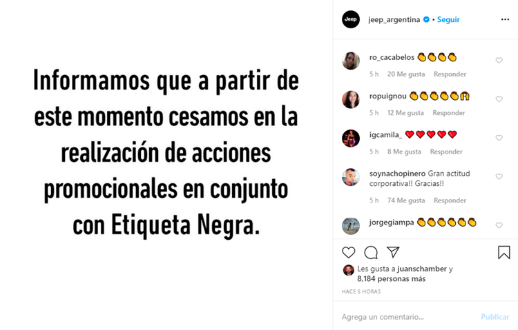 El comunicado de la marca en su cuenta de Instagram