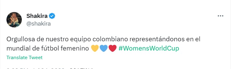 Con este tuit Shakira le envió un mensaje de apoyo a la selección Colombia femenina. / Imagen @shakira
