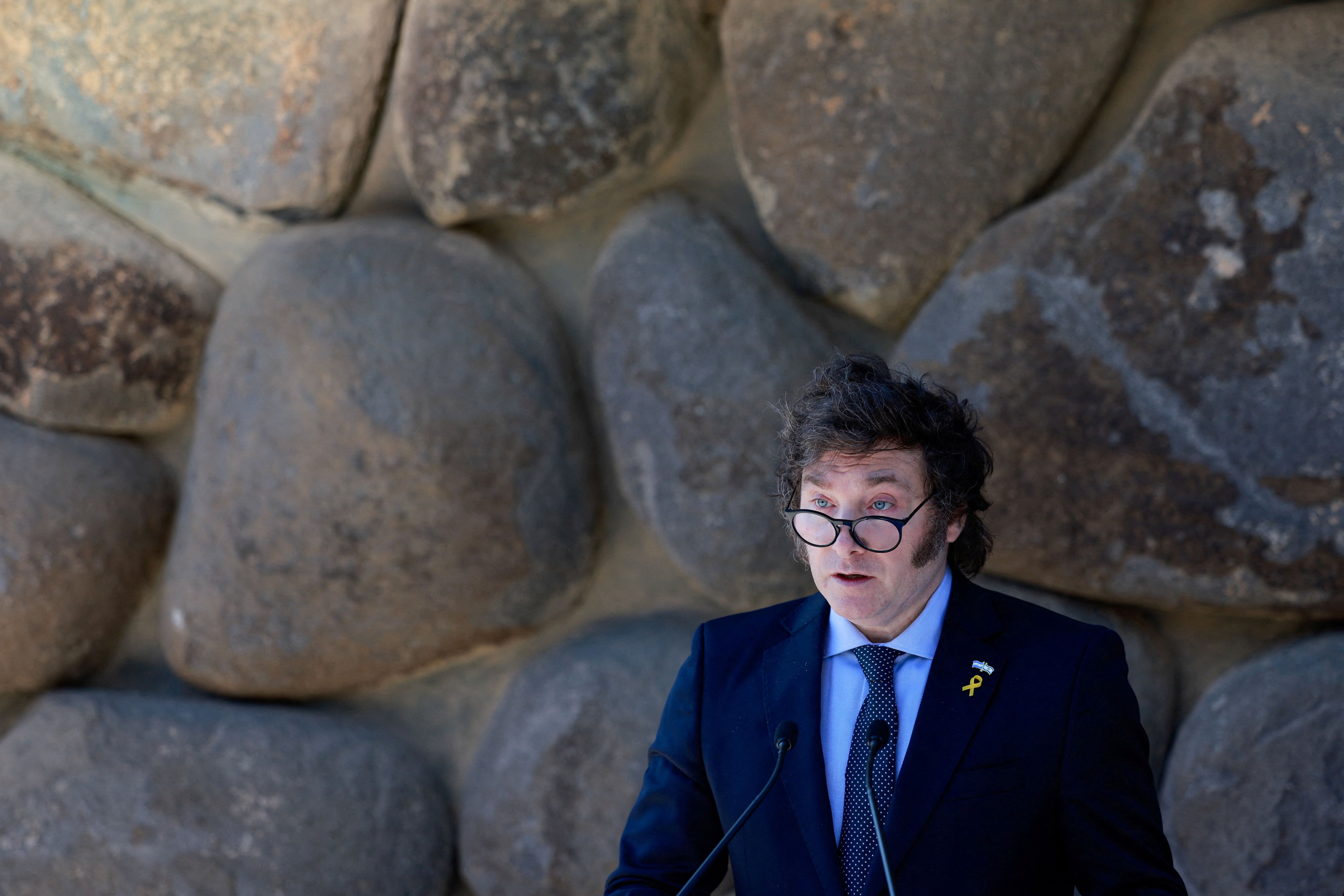 Argentina's President Javier Milei speaks during a visit to Yad Vashem, the World Holocaust Remembrance Centre, in Jerusalem, February 7, 2024. REUTERS/Ammar Awad     TPX IMAGES OF THE DAY