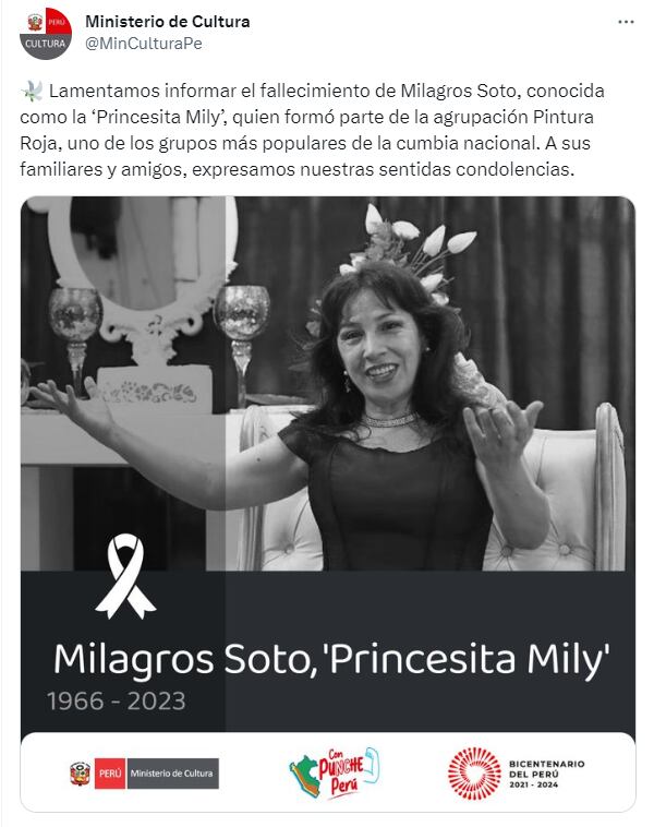 Ministerio de Cultura lamenta la muerte de la 'Princesita Mily'