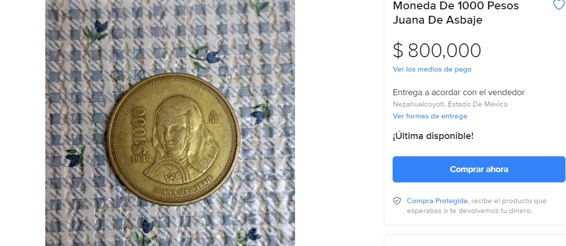 Moneda de mil pesos se vende en línea. (Foto: Mercado Libre)