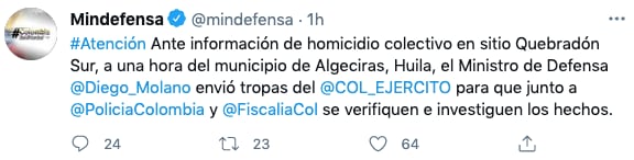 MinDefensa dio a conocer el múltiple asesinato en Algeciras, Huila, a través de su cuenta de Twitter. Pantallazo.