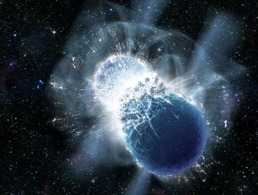 Impresión artística de una kilonova: dos estrellas de neutrones en el momento de su fusión (DANA BERRY SKYWORKS DIGITAL)