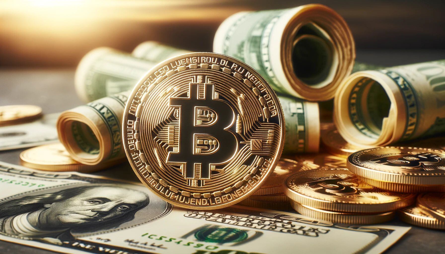 una moneda bitcoin junto billetes americanos (Imagen Ilustrativa Infobae)