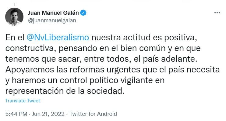 Trino de Juan Manuel Galán acerca respecto al llamado del 'Acuerdo Nacional' convocado por el presidente electo, Gustavo Petro. FOTO: Twitter.