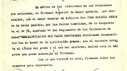 La nota donde se expulsó a Perón del Ejército en 1955