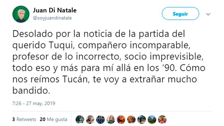 El conmovedor mensaje que public Juan Di Natale sobre la prdida de su colega (Twitter)